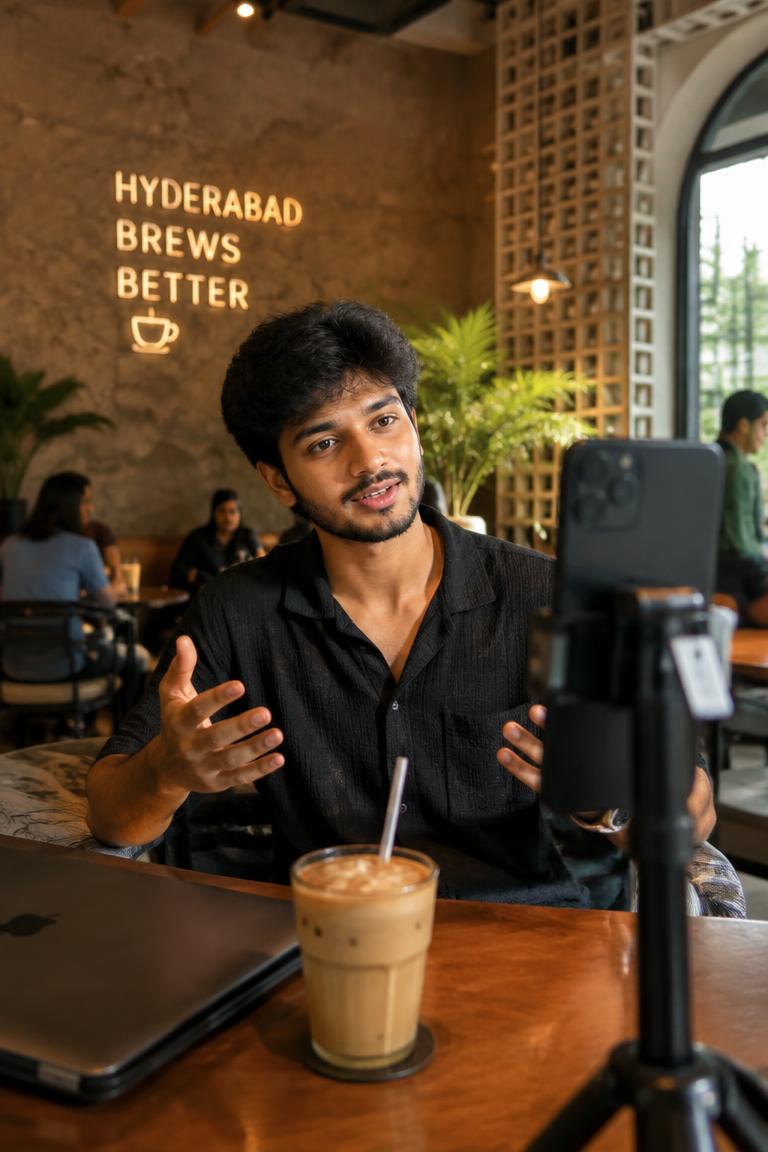 Hyderabad creator filming at a café